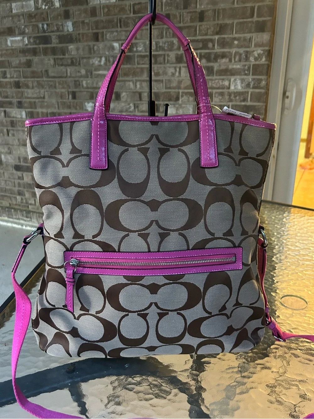 Coach F23304 Signature Stripe Foldover Tote Khaki Mulberry MSRP $328